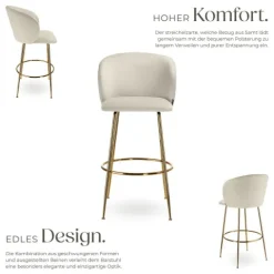 Barstuhl tectake Luana 51 x 60 x 106 cm, Belastbarkeit 120 kg in Samtoptik, gepolstert creme/gold