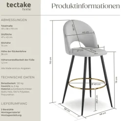 Barstuhl tectake Sachel 49 x 58 x 110 cm, Belastbarkeit 120 kg in Samtoptik, gepolstert hellgrau/schwarz