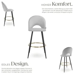 Barstuhl tectake Sachel 49 x 58 x 110 cm, Belastbarkeit 120 kg in Samtoptik, gepolstert hellgrau/schwarz