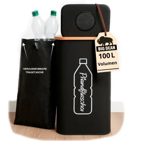 BigDean 100L Pfandflaschen Sammelbehälter mit Deckel inkl. Tragetasche - Pfandflaschen Behälter Flaschensammler Leergut Sammelbehälter Pfandsammler Flaschensammler Pfandflaschen