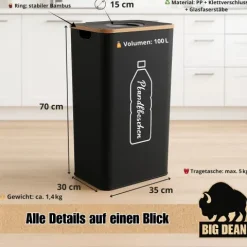 BigDean 100L Pfandflaschen Sammelbehälter mit Deckel inkl. Tragetasche - Pfandflaschen Behälter Flaschensammler Leergut Sammelbehälter Pfandsammler Flaschensammler Pfandflaschen