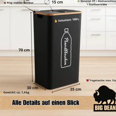 BigDean 100L Pfandflaschen Sammelbehälter mit Deckel inkl. Tragetasche - Pfandflaschen Behälter Flaschensammler Leergut Sammelbehälter Pfandsammler Flaschensammler Pfandflaschen