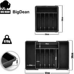 BigDean Besteckeinsatz aus Kunststoff in Schwarz – ausziehbarer Besteckkasten für Schubladen – Schubladen Organizer für einfache Aufbewahrung von Küchenutensilien geeignet