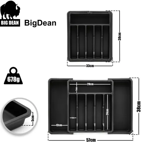 BigDean Besteckeinsatz aus Kunststoff in Schwarz – ausziehbarer Besteckkasten für Schubladen – Schubladen Organizer für einfache Aufbewahrung von Küchenutensilien geeignet