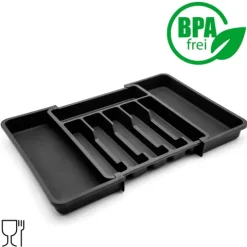 BigDean Besteckeinsatz aus Kunststoff in Schwarz – ausziehbarer Besteckkasten für Schubladen – Schubladen Organizer für einfache Aufbewahrung von Küchenutensilien geeignet