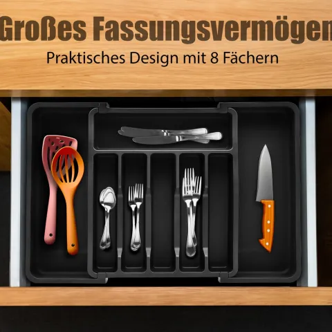 BigDean Besteckeinsatz aus Kunststoff in Schwarz – ausziehbarer Besteckkasten für Schubladen – Schubladen Organizer für einfache Aufbewahrung von Küchenutensilien geeignet