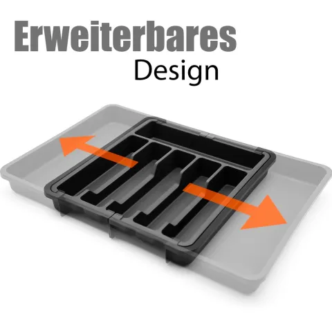 BigDean Besteckeinsatz aus Kunststoff in Schwarz – ausziehbarer Besteckkasten für Schubladen – Schubladen Organizer für einfache Aufbewahrung von Küchenutensilien geeignet