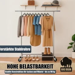 BigDean Kleiderständer auf Rollen 90kg belastbar ausziehbare Kleiderstange Kleiderständer in Sekunden aufgebaut