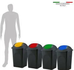 BigDean Mülleimer groß 60L - schwarz - mit Schwingdeckel rot - aus Kunststoff - Müllsammler Abfalleimer Mülltonne Abfallbehälter - Made in Italy