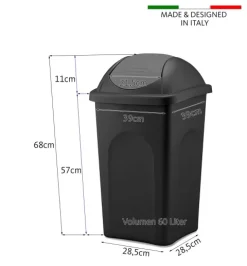 BigDean Mülleimer groß 60L - schwarz - mit Schwingdeckel grün - aus Kunststoff - Müllsammler Abfalleimer Mülltonne Abfallbehälter - Made in Italy