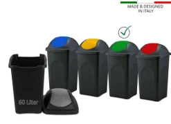BigDean Mülleimer groß 60L - schwarz - mit Schwingdeckel grün - aus Kunststoff - Müllsammler Abfalleimer Mülltonne Abfallbehälter - Made in Italy