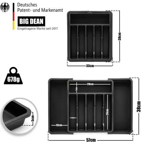 BigDean 2 Stück Besteckeinsatz aus Kunststoff in Schwarz – ausziehbarer Besteckkasten für Schubladen – Schubladen Organizer für einfache Aufbewahrung von Küchenutensilien geeignet