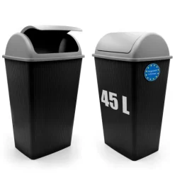 BigDean 2 Stück Mülleimer mit Schwingdeckel 45 L Anthrazit – Abfalleimer für die Küche & Büro – Müllbehälter aus robustem & geruchsdichtem Kunststoff – Made in Europe