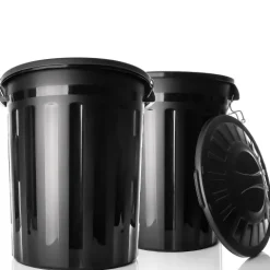 BigDean 2 Stück wetterfeste Universaltonne mit Deckel Schwarz und 2 Tragegriffen + Clip Verschluss auch als Mülltonne – Regentonne und Futtertonne geeignet für Indoor + Outdoor geeignet