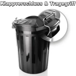 BigDean 2 Stück wetterfeste Universaltonne mit Deckel Schwarz und 2 Tragegriffen + Clip Verschluss auch als Mülltonne – Regentonne und Futtertonne geeignet für Indoor + Outdoor geeignet