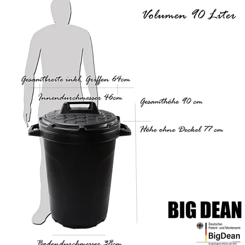 BigDean Universal Allzwecktonne Mülltonne 90 Liter Tonne XL Universaltonne Universaleimer schwarz mit Deckel Plastiktonne Regenfass Wassertonne Regenauffangbehälter