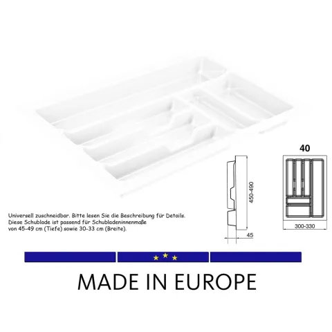 BigDean Universal Besteckeinsatz für Schubladen 40 cm - Zuschneidbar - 330x490mm - Schubladeneinsatz aus Kunststoff, Besteckkasten weiß, Made in Europe