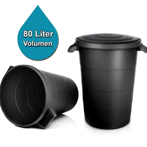 BigDean wetterfeste Universaltonne mit Deckel und 2 stabilen Tragegriffen 80 Liter SCHWARZ - Regentonne Mülleimer - Indoor und Outdoor geeignet - Made in Europe