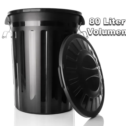 BigDean wetterfeste Universaltonne mit Deckel Schwarz und 2 Tragegriffen + Clip Verschluss auch als Mülltonne – Regentonne und Futtertonne geeignet für Indoor + Outdoor geeignet - Made in Europe