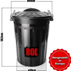 BigDean wetterfeste Universaltonne mit Deckel Schwarz und 2 Tragegriffen + Clip Verschluss auch als Mülltonne – Regentonne und Futtertonne geeignet für Indoor + Outdoor geeignet - Made in Europe