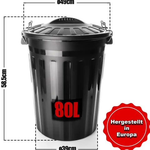 BigDean wetterfeste Universaltonne mit Deckel Schwarz und 2 Tragegriffen + Clip Verschluss auch als Mülltonne – Regentonne und Futtertonne geeignet für Indoor + Outdoor geeignet - Made in Europe