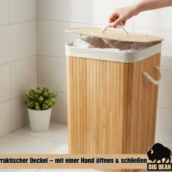 BigDean Wäschekorb Bambus 72L Wäschesammler Wäschetruhe Wäschetonne Wäschekorb mit Deckel Wäschesack herausnehmbar und maschinenwaschbar