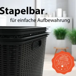 BigDean Wäschekorb 59x39x26 cm Rattan Design – Wäschewanne Made in Germany