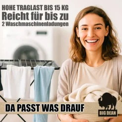 BigDean Wäscheständer 200 cm = 20m extra-hoch + dicke Leinen für einfacheres Bügeln - Wäscheständer XXL - Wäscheständer schwarz – Wäscheständer stabil X-Beine