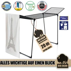 BigDean Wäscheständer NEUHEIT mit extra dicken Grip Wäscheleinen und extra Höhe Wäscheständer 20m - Wäschetrockner Made in Europe