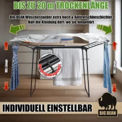 BigDean Wäscheständer NEUHEIT mit extra dicken Grip Wäscheleinen und extra Höhe Wäscheständer 20m - Wäschetrockner Made in Europe