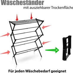 BigDean Wäscheständer platzsparend Schwarz – Wäscheturm mit Teleskopfunktion & 6 Ebenen - 5 bis 10m Trockenlänge