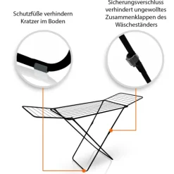 BigDean Wäscheständer Schwarz zusammenklappbar 18m Trockenlänge – Wäschetrockner Ständer mit X-Beinen für stabilen Stand – Wäscheständer ultra leicht & Made in Europe