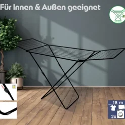 BigDean Wäscheständer Schwarz zusammenklappbar 18m Trockenlänge – Wäschetrockner Ständer mit X-Beinen für stabilen Stand – Wäscheständer ultra leicht & Made in Europe