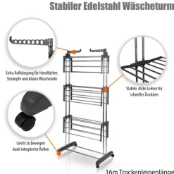 BigDean Wäscheständer Turm mit 3 Ebenen und 4 Rollen in Grau - Wäscheständer platzsparend für innen & außen