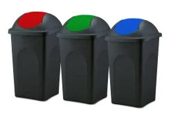 BigDean 3x Mülleimer groß 60L - schwarz - mit Schwingdeckel rot, grün & blau - aus Kunststoff - Müllsammler Abfalleimer Mülltonne Abfallbehälter - Made in Italy