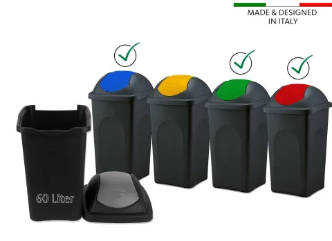 BigDean 3x Mülleimer groß 60L - schwarz - mit Schwingdeckel rot, grün & blau - aus Kunststoff - Müllsammler Abfalleimer Mülltonne Abfallbehälter - Made in Italy