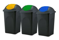 BigDean 3x Mülleimer groß 60L - schwarz - mit Schwingdeckel gelb, grün & blau - aus Kunststoff - Müllsammler Abfalleimer Mülltonne Abfallbehälter - Made in Italy