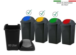 BigDean 3x Mülleimer groß 60L - schwarz - mit Schwingdeckel gelb, grün & blau - aus Kunststoff - Müllsammler Abfalleimer Mülltonne Abfallbehälter - Made in Italy