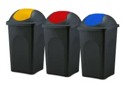 BigDean 3x Mülleimer groß 60L - schwarz - mit Schwingdeckel gelb, rot & blau - aus Kunststoff - Müllsammler Abfalleimer Mülltonne Abfallbehälter - Made in Italy