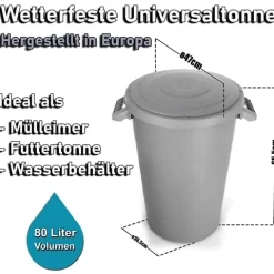BigDean 2x wetterfeste Universaltonne mit Deckel und 2 stabilen Tragegriffen 80 Liter GRAU - Regentonne Mülleimer - Indoor und Outdoor geeignet - Made in Europe