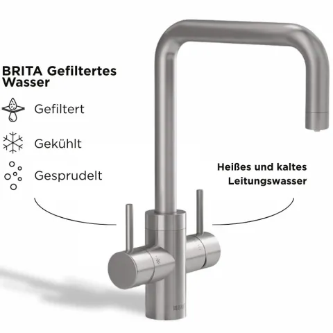 BRITA Küchenarmatur yource pro select (Edelstahl, eckig) inkl. 1 x yource CO2-Zylinder und 1 x BRITA P 3000-S Filterkartusche – Küchenarmatur zum Filtern und Sprudeln von Wasser direkt aus der Leitung