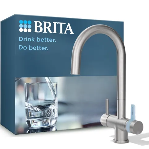 BRITA 3-Wege-Küchenarmatur (Edelstahl, rund) inkl. 1 x BRITA P 1000 Wasserfilter – Küchenarmatur für gefiltertes und ungefiltertes Wasser direkt aus der Leitung