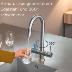 BRITA 3-Wege-Küchenarmatur (Edelstahl, rund) inkl. 1 x BRITA P 1000 Wasserfilter – Küchenarmatur für gefiltertes und ungefiltertes Wasser direkt aus der Leitung