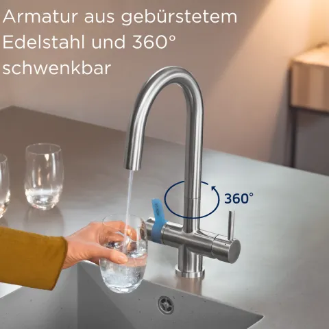BRITA 3-Wege-Küchenarmatur (Edelstahl, rund) inkl. 1 x BRITA P 1000 Wasserfilter – Küchenarmatur für gefiltertes und ungefiltertes Wasser direkt aus der Leitung