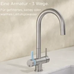 BRITA 3-Wege-Küchenarmatur (Edelstahl, rund) inkl. 1 x BRITA P 1000 Wasserfilter – Küchenarmatur für gefiltertes und ungefiltertes Wasser direkt aus der Leitung