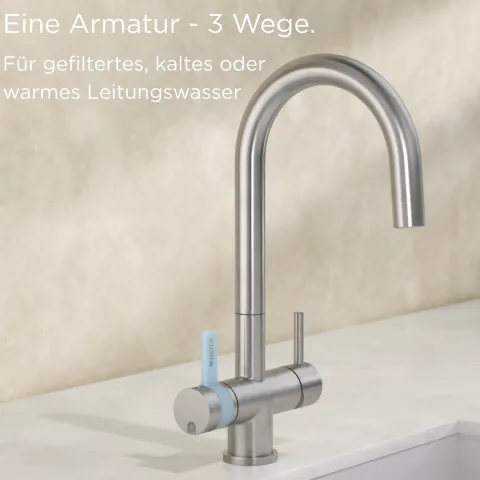 BRITA 3-Wege-Küchenarmatur (Edelstahl, rund) inkl. 1 x BRITA P 1000 Wasserfilter – Küchenarmatur für gefiltertes und ungefiltertes Wasser direkt aus der Leitung