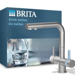 BRITA 3-Wege-Küchenarmatur (Edelstahl, eckig) inkl. 1 x BRITA P 1000 Wasserfilter – Küchenarmatur für gefiltertes und ungefiltertes Wasser direkt aus der Leitung