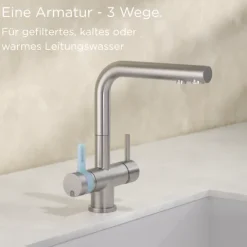 BRITA 3-Wege-Küchenarmatur (Edelstahl, eckig) inkl. 1 x BRITA P 1000 Wasserfilter – Küchenarmatur für gefiltertes und ungefiltertes Wasser direkt aus der Leitung