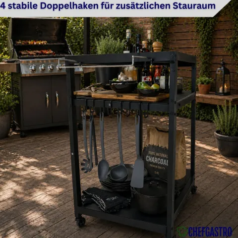 CHEFAGSTRO Grillwagen VULCAN Outdoor Servierwagen mit Rollen Küche Küchenwagen Metall Schwarz Wetterfest Grilltisch, 4 Lenkrollen mit Bremse, 3 Ablagen, 8 Haken, Müllbeutelhalter & Handtuchgriff