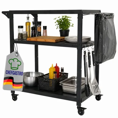 CHEFAGSTRO Grillwagen VULCAN Outdoor Servierwagen mit Rollen Küche Küchenwagen Metall Schwarz Wetterfest Grilltisch, 4 Lenkrollen mit Bremse, 3 Ablagen, 8 Haken, Müllbeutelhalter & Handtuchgriff